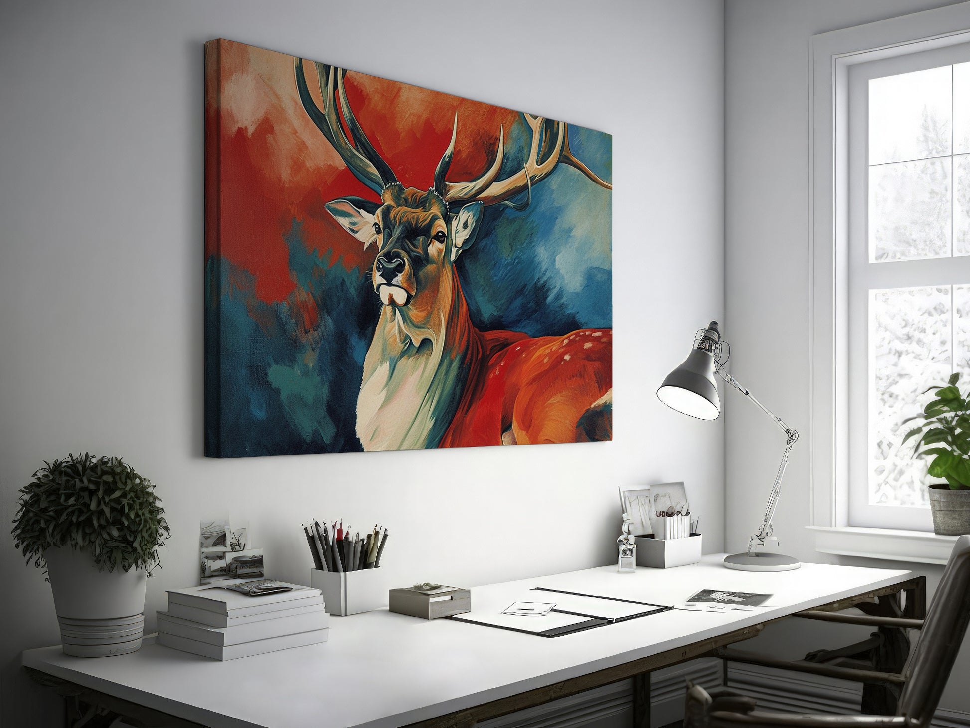 Framed canvas print of a vibrant, expressive deer with bold red and blue colours