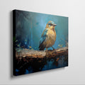 Framed canvas print of a vibrant blue and golden bird on branch with impasto texture