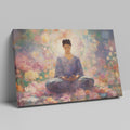 Framed canvas print of a meditative figure in a floral garden with soft pastel tones