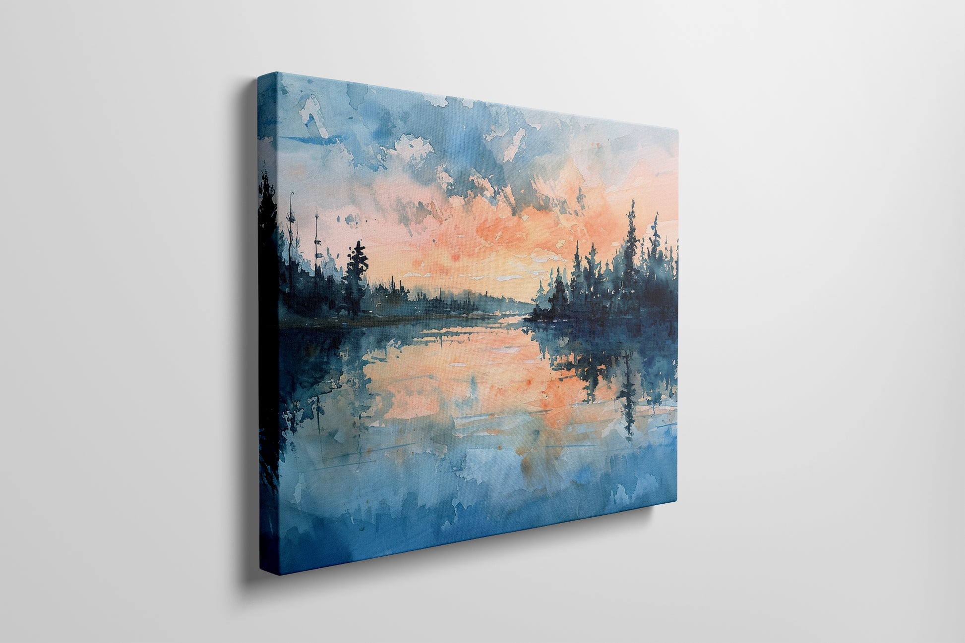 Framed canvas print of a watercolour painting with sunset over a lake and forest silhouette