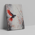 Framed canvas print of a stylised bird with vibrant red wings against a monochrome watercolor background