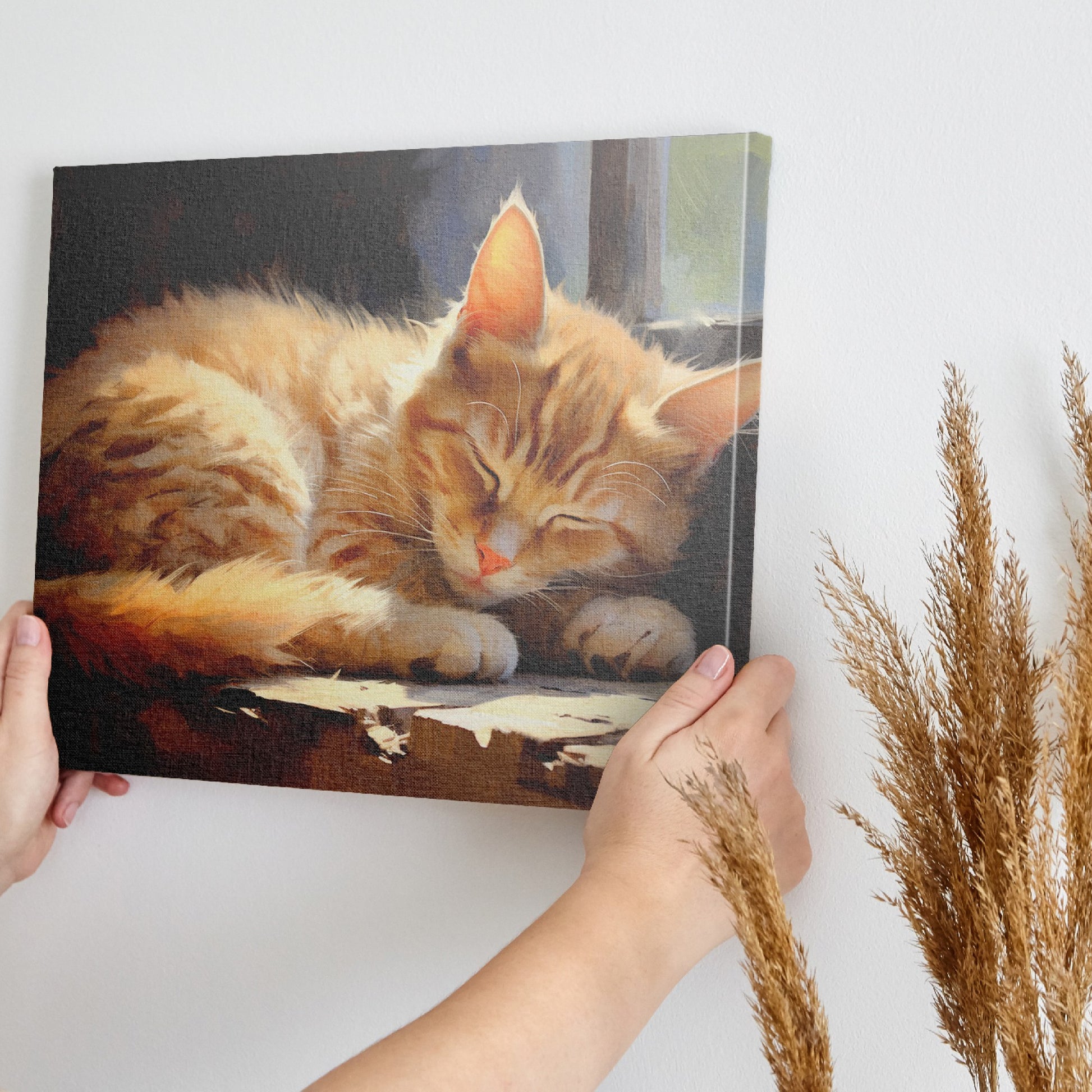 Framed canvas print of a realistic sleeping tabby cat in warm, sunlit tones