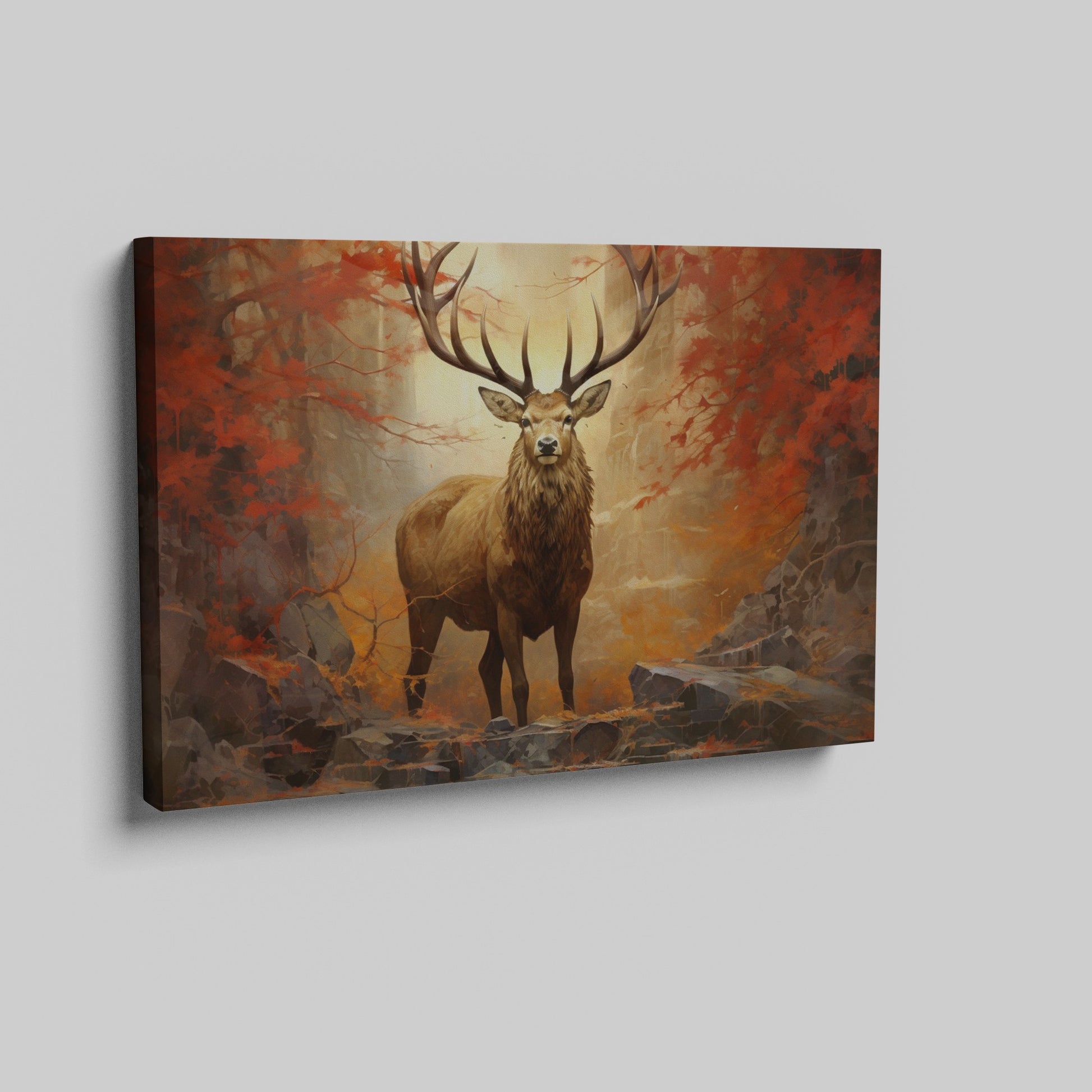 Framed canvas print of a majestic stag in an autumn forest with fiery red leaves