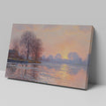 Framed canvas print of an Impressionist-style landscape with a sunset reflecting on a river