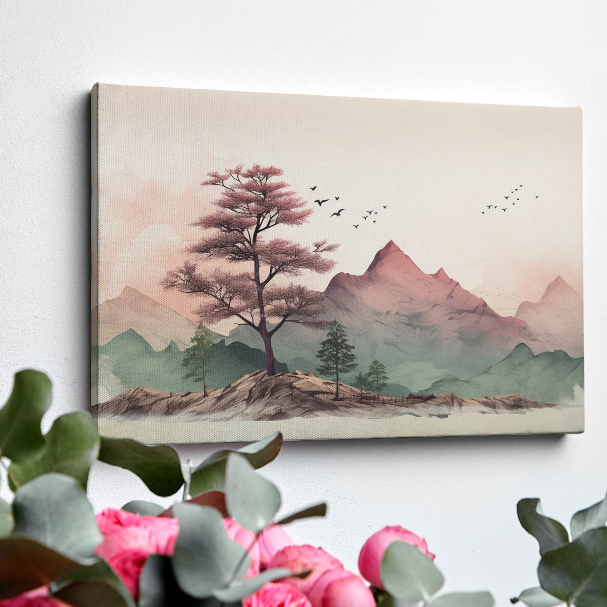 Framed canvas print of a tranquil mountain landscape with pastel colours and cherry blossoms