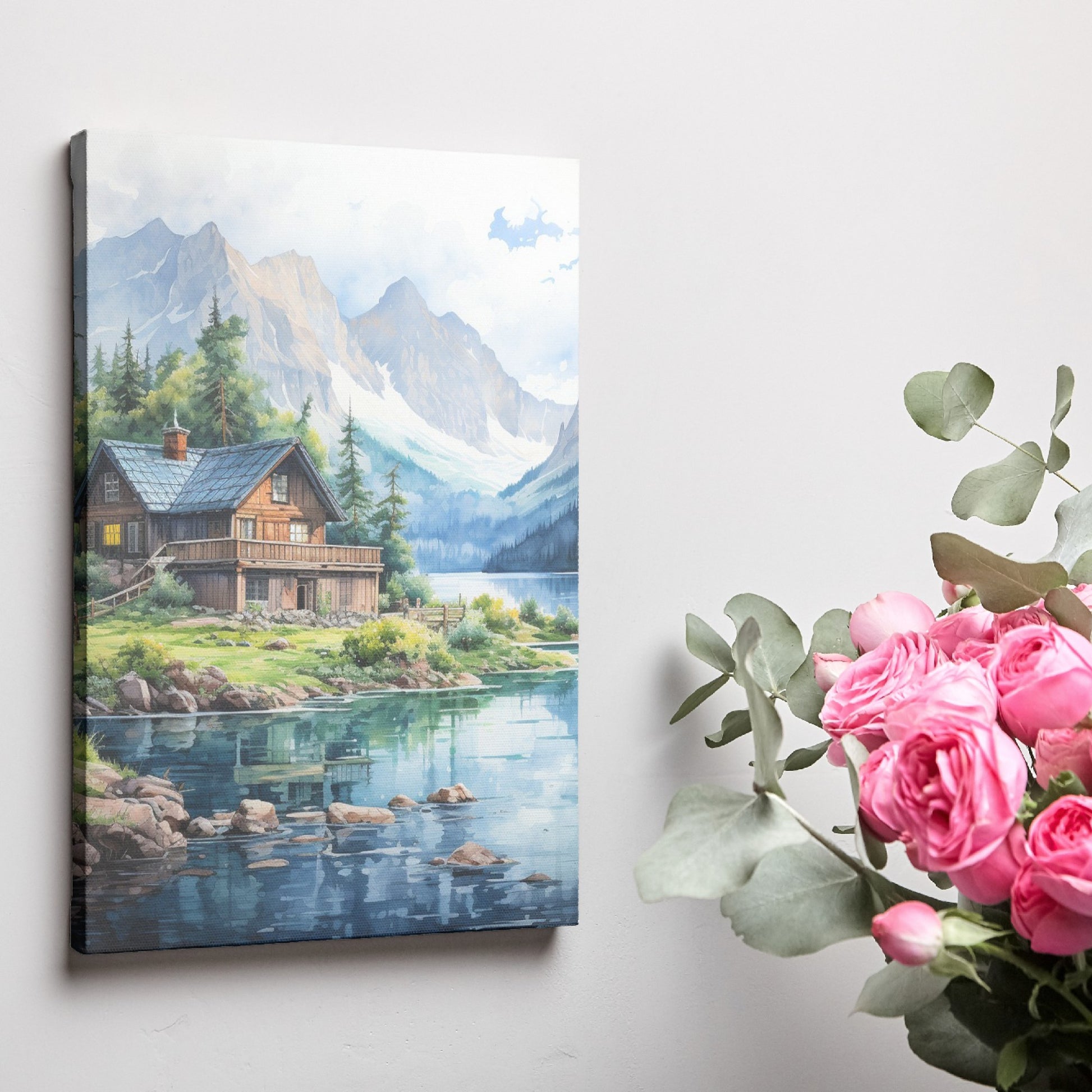 Framed canvas print of a serene lake cabin with mountain backdrop