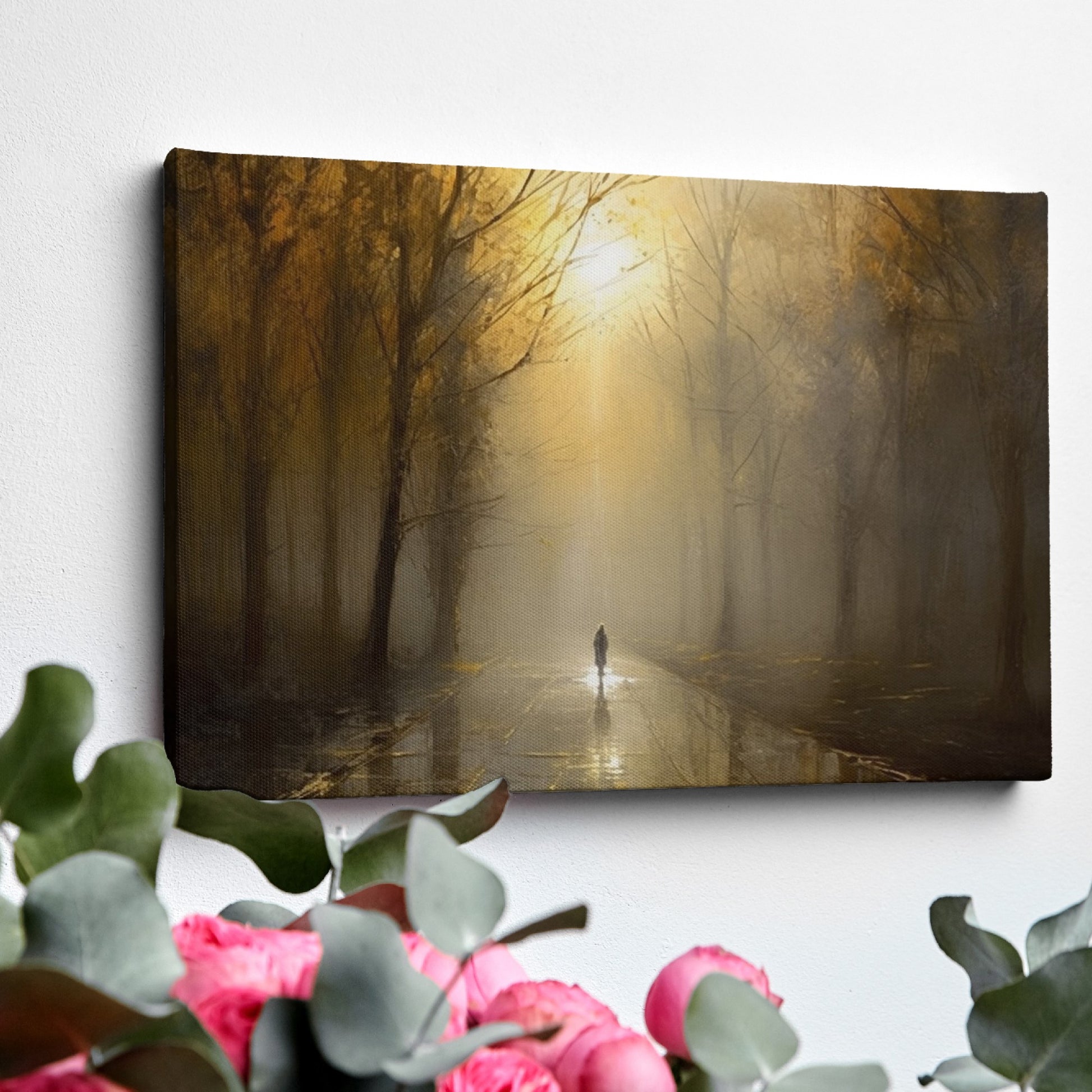 Framed canvas print of a mystical autumn forest with a lone wanderer on a sunlit path