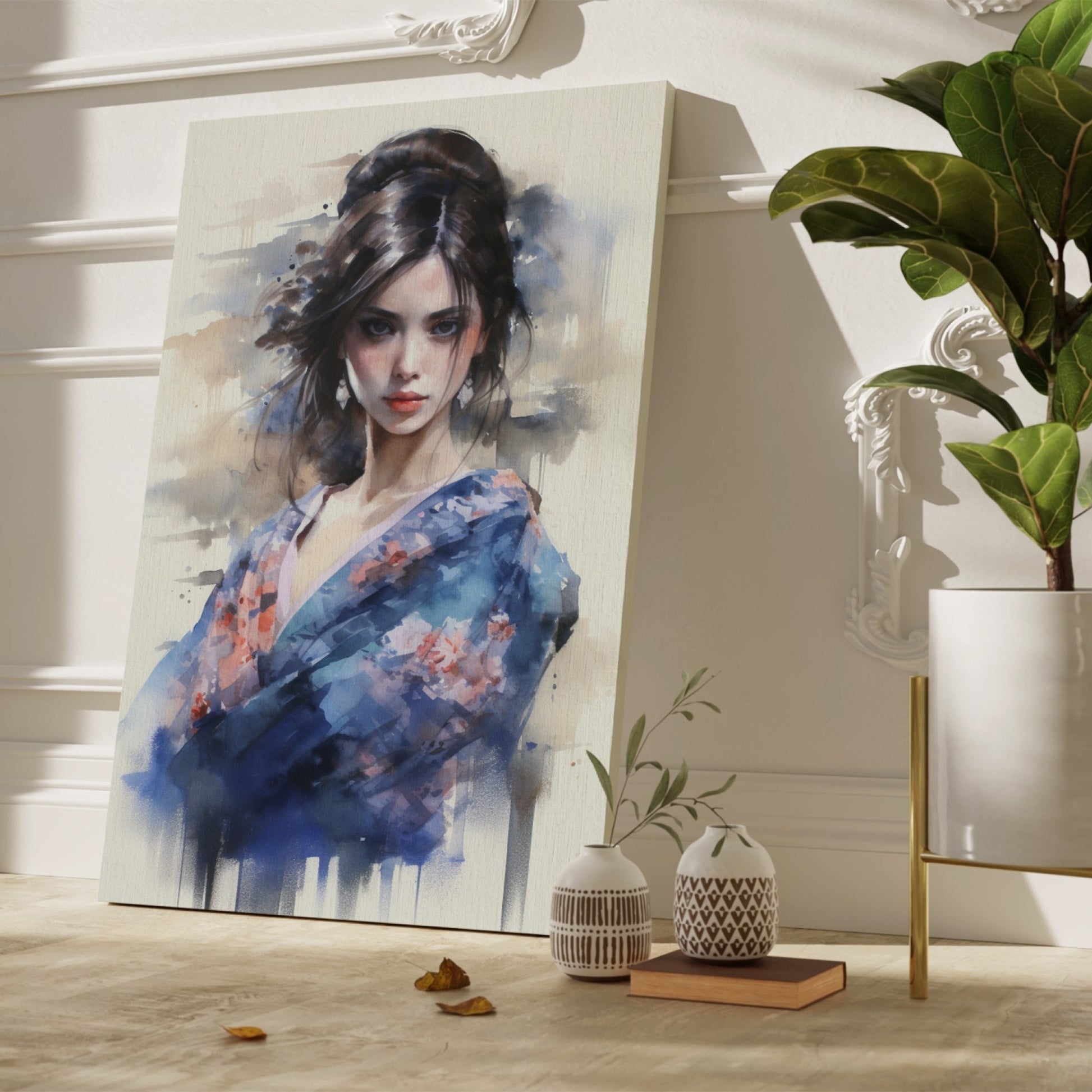 Framed canvas print of a watercolor painting depicting an elegant Geisha in a floral kimono