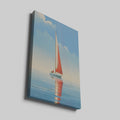 Framed canvas print of a red sailboat on serene blue waters with a clear sky