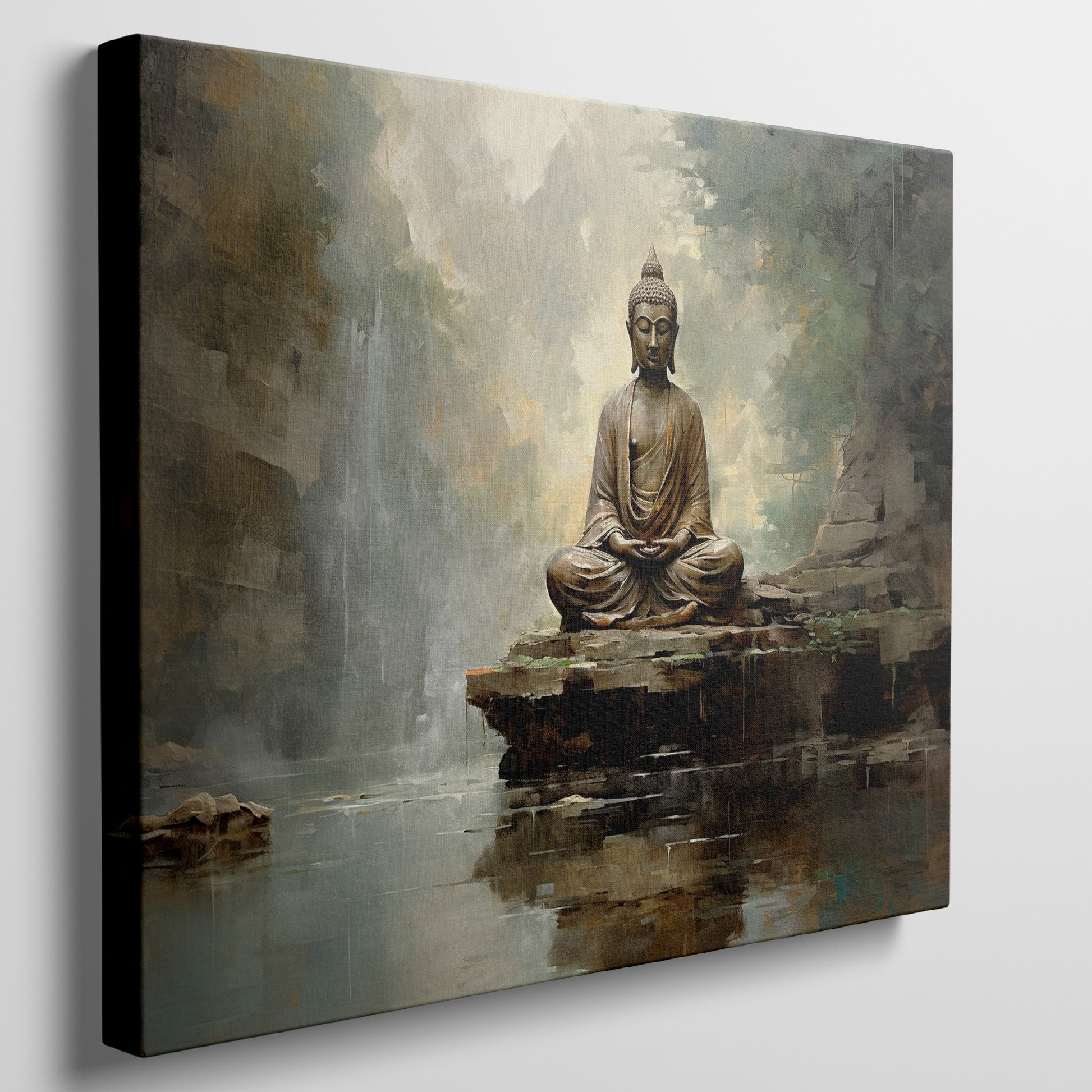 Framed canvas print of a serene Buddha statue in a Zen garden with waterfall