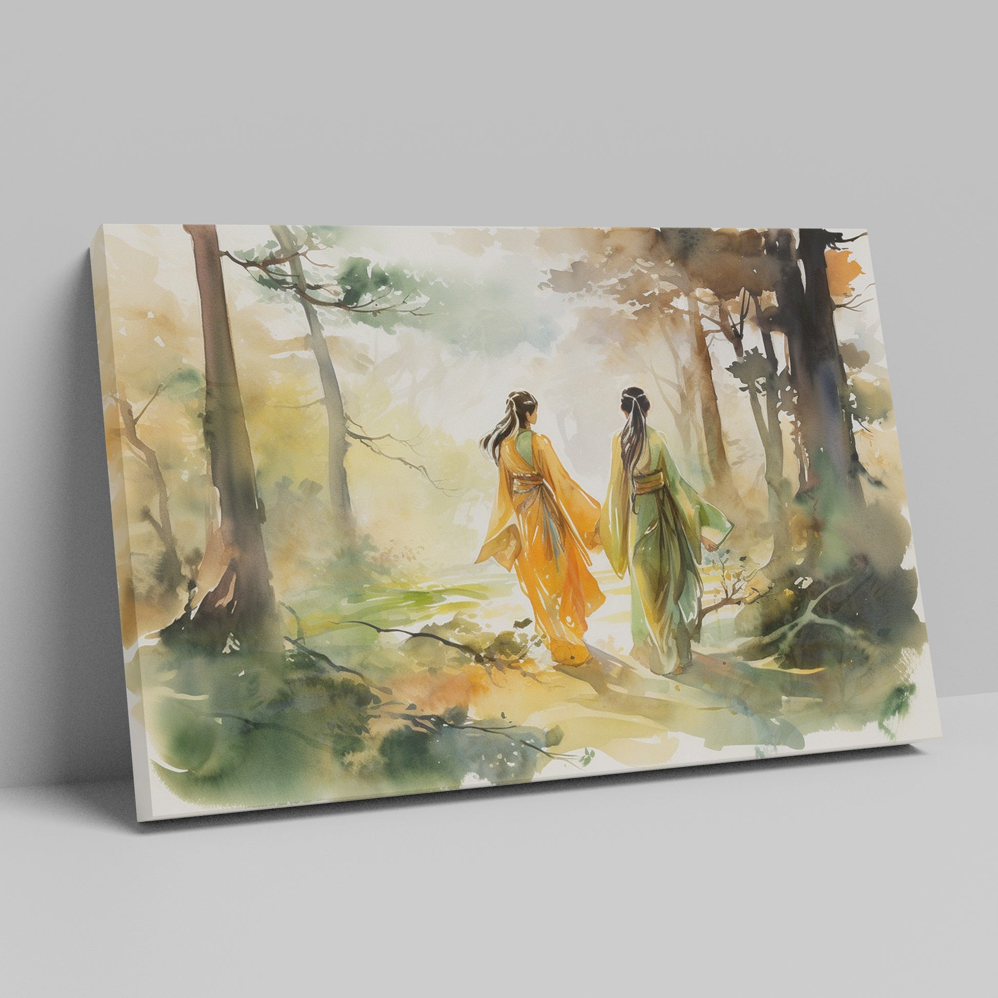 Framed canvas print of two women in traditional Chinese attire walking through an autumnal watercolor forest