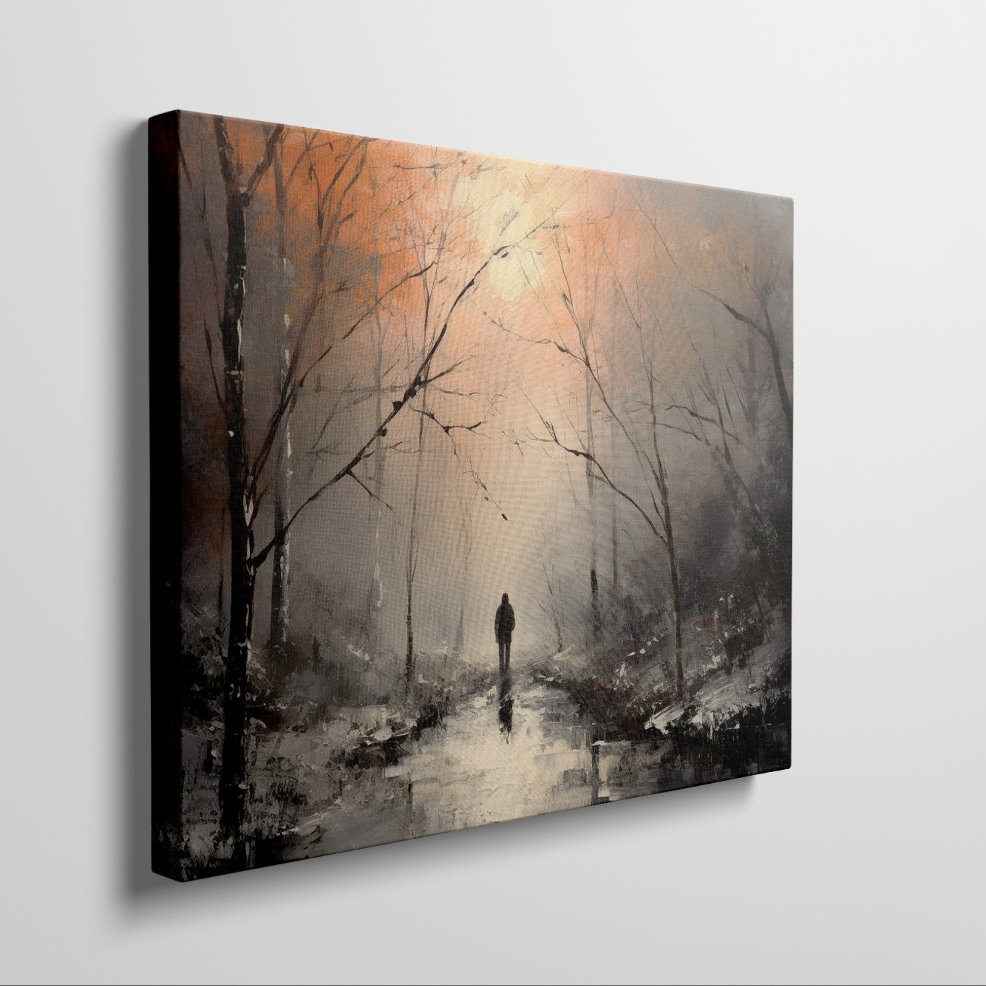 Framed canvas print of a solitary figure walking through a misty, autumnal forest with warm, glowing light