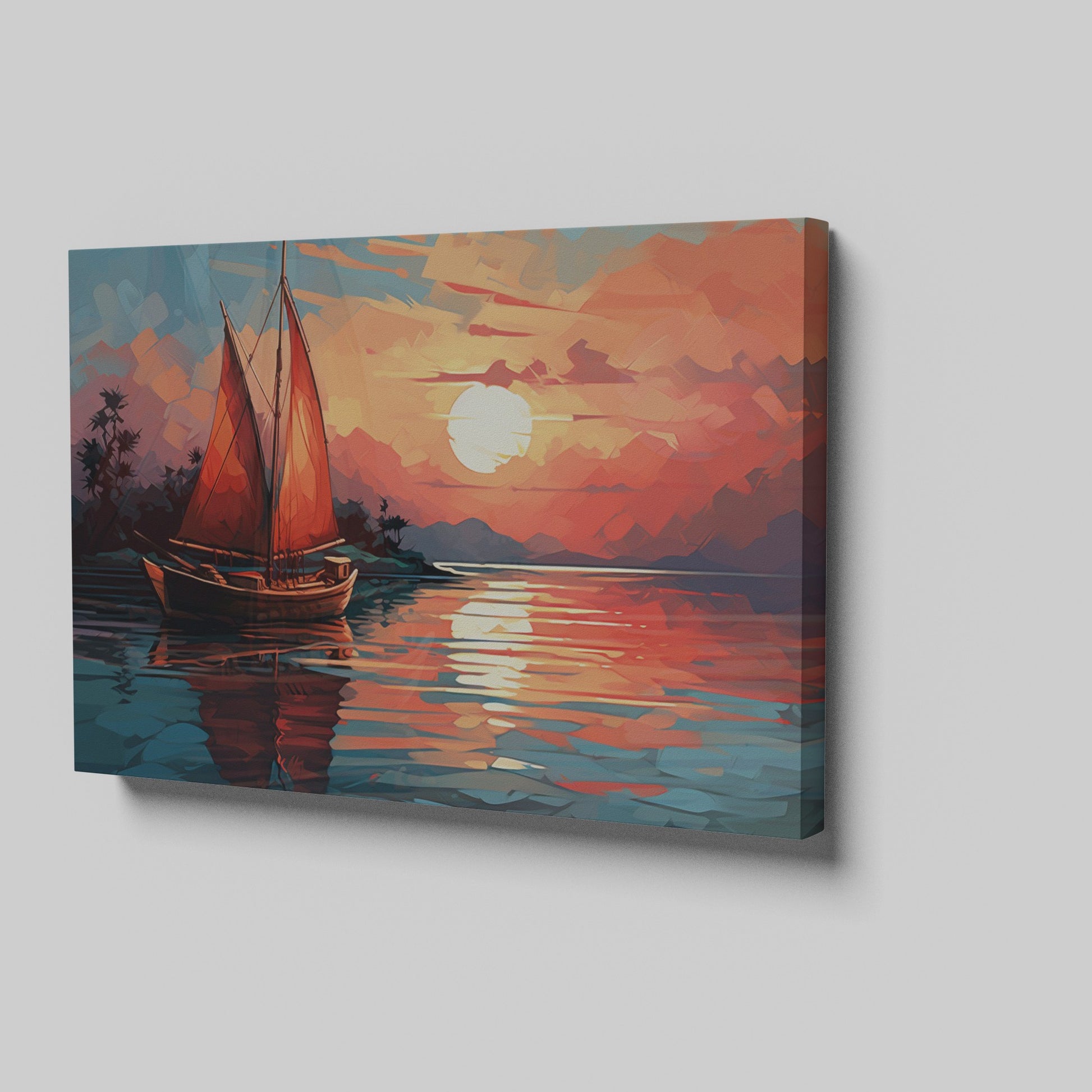 Framed canvas print of a stylised sunset seascape with a sailboat