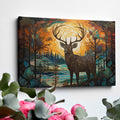 Artistic canvas of a stag in an autumn-toned forest with stylized trees and foliage