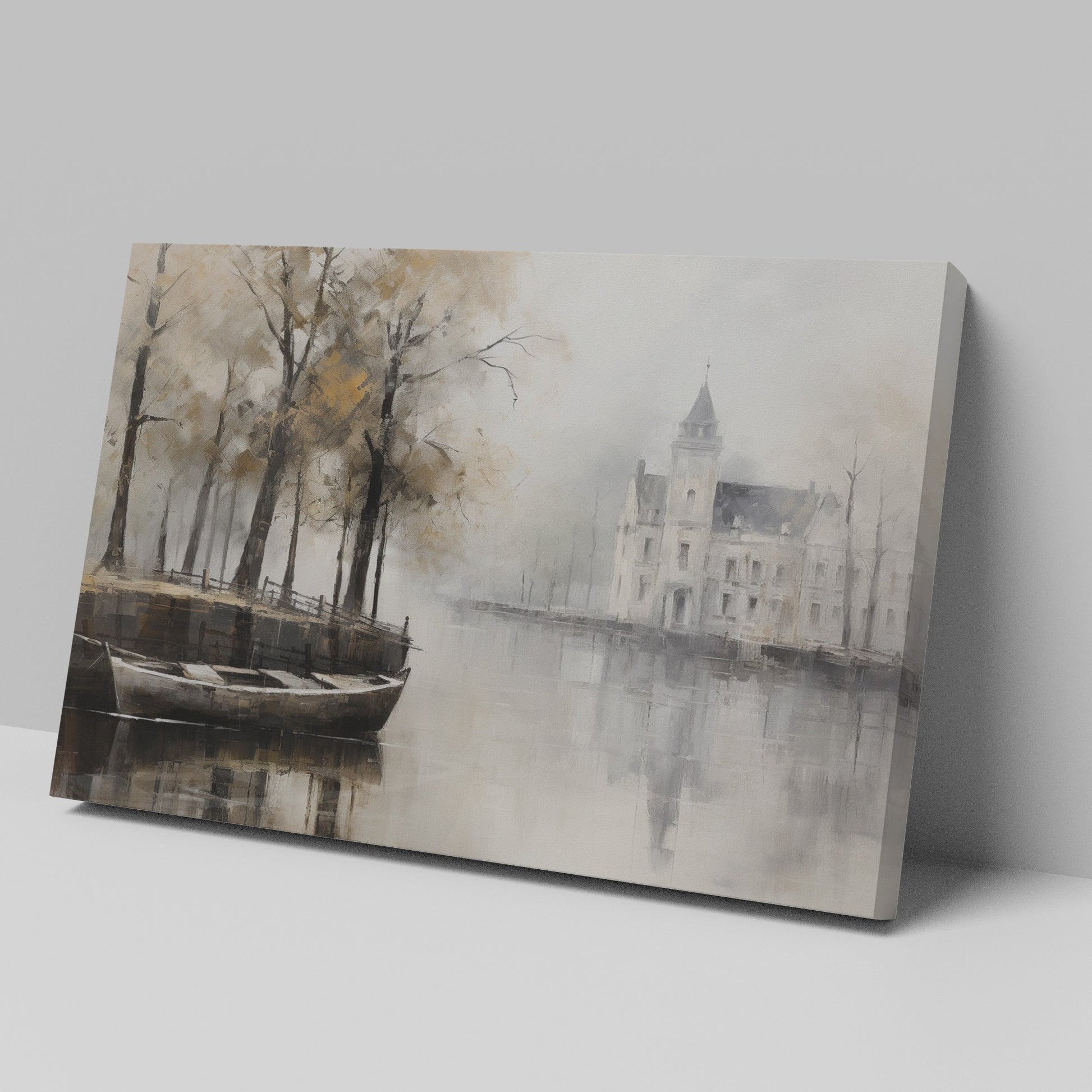 Framed canvas print of a historic chateau reflected on a lake with autumn trees and a rowboat in a misty scene