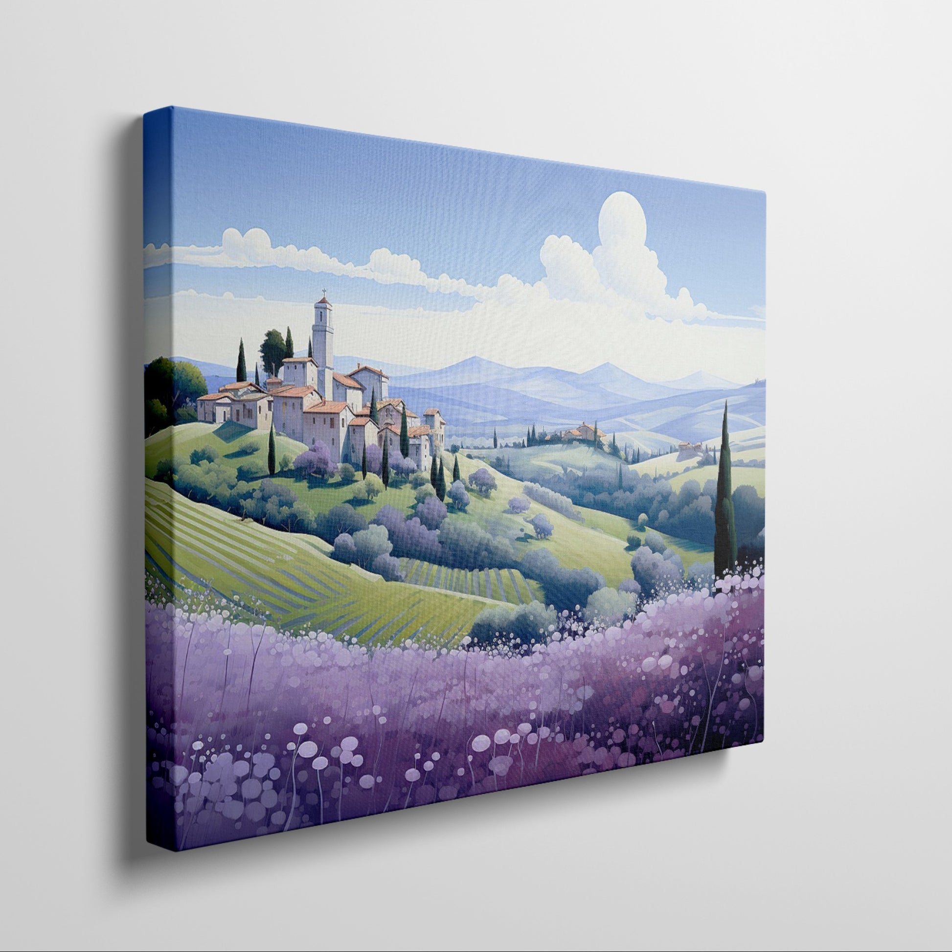 Framed canvas print of stylised Tuscan village landscape with pastel countryside and purple floral field