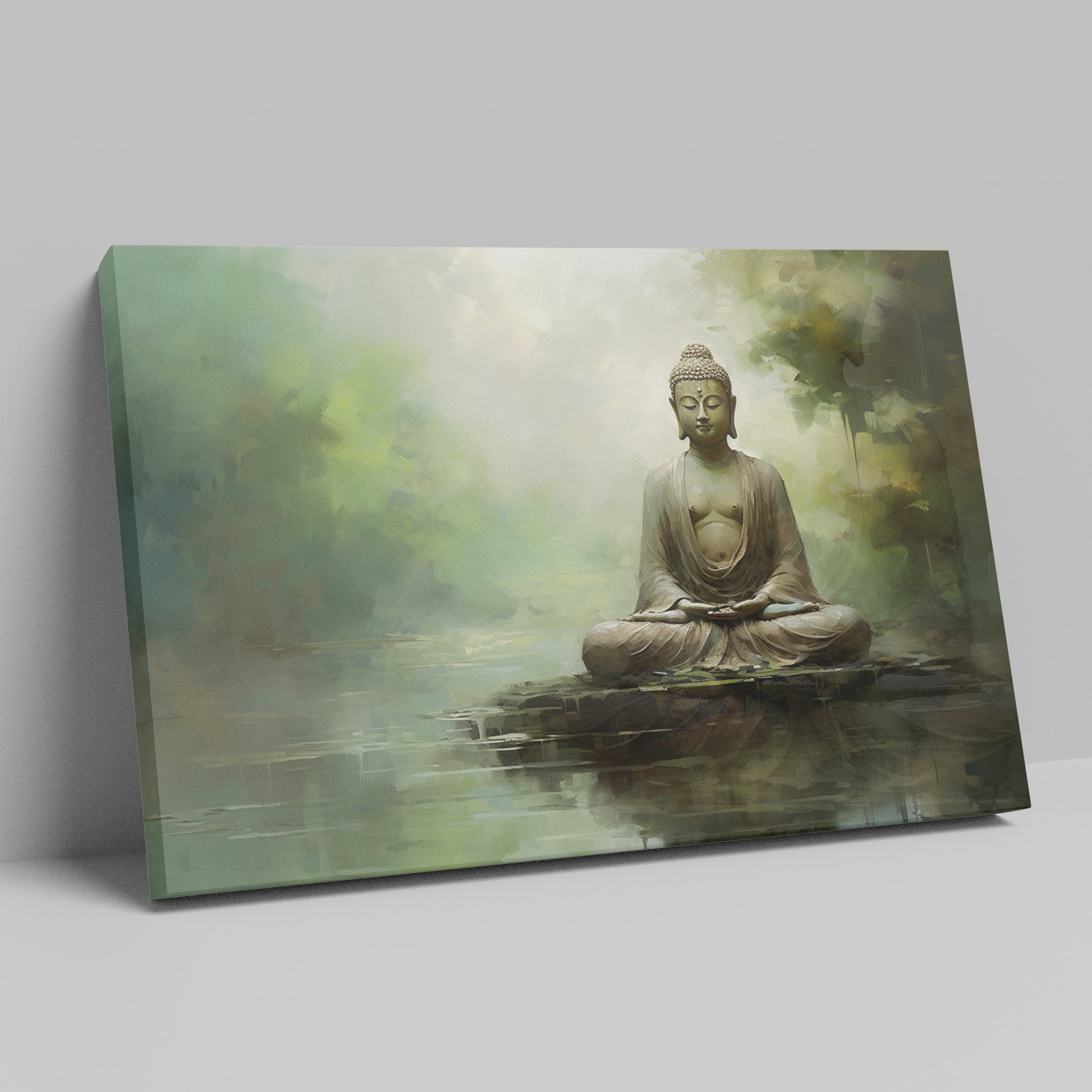 Framed canvas print of a meditative Buddha in serene colors