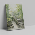 Framed canvas print of tranquil bamboo forest with arched bridge and stream in watercolour