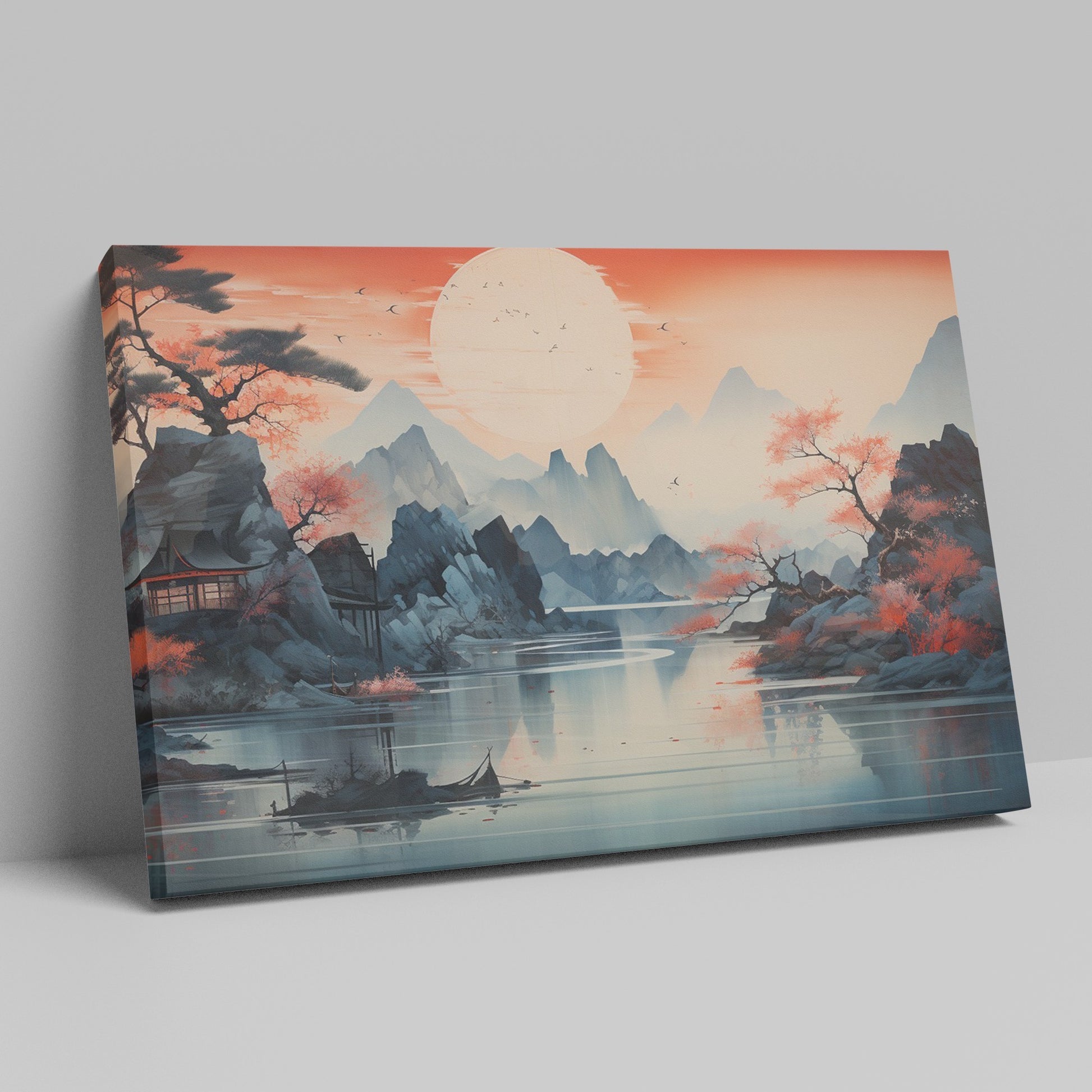 Framed canvas print of an Oriental Sunset with Cherry Blossoms and Mountains