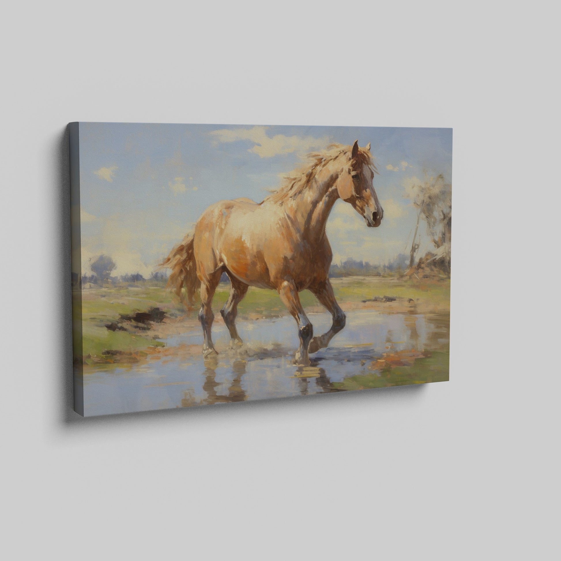 Framed canvas print of a vibrant horse wading in water with sunlit pasture and reflection