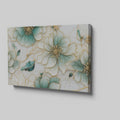 Framed canvas print of abstract turquoise and ivory flowers with gold trim