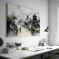 Framed canvas print of a mist-covered ancient Chinese scene with pagodas and figures