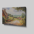 Framed canvas print of a summer countryside scene with traditional brick houses and a country road