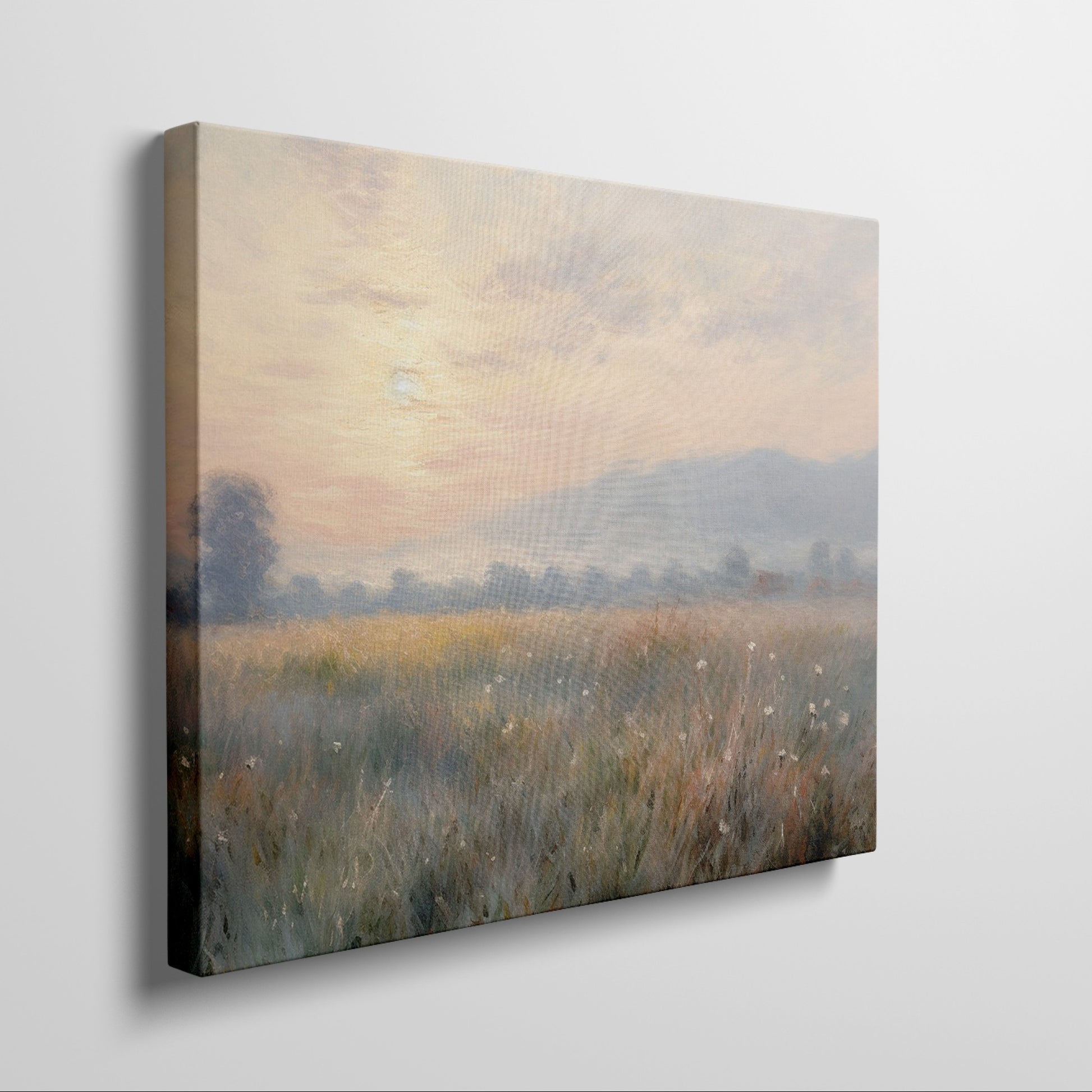 Framed canvas print of an impressionist painting with a sunrise over a tranquil countryside landscape