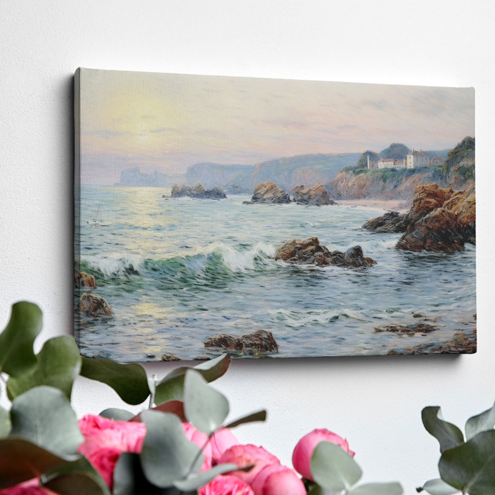 Framed canvas print of a coastal sunset impressionist painting with soft pastel colours and textured ocean waves