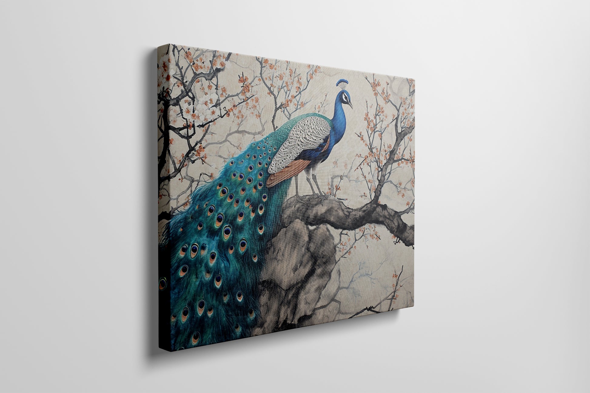 Framed canvas print of a peacock on a blossoming cherry tree with oriental art style