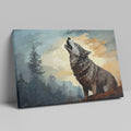 Framed canvas print of a howling wolf in a forest at dusk with vibrant earthy tones