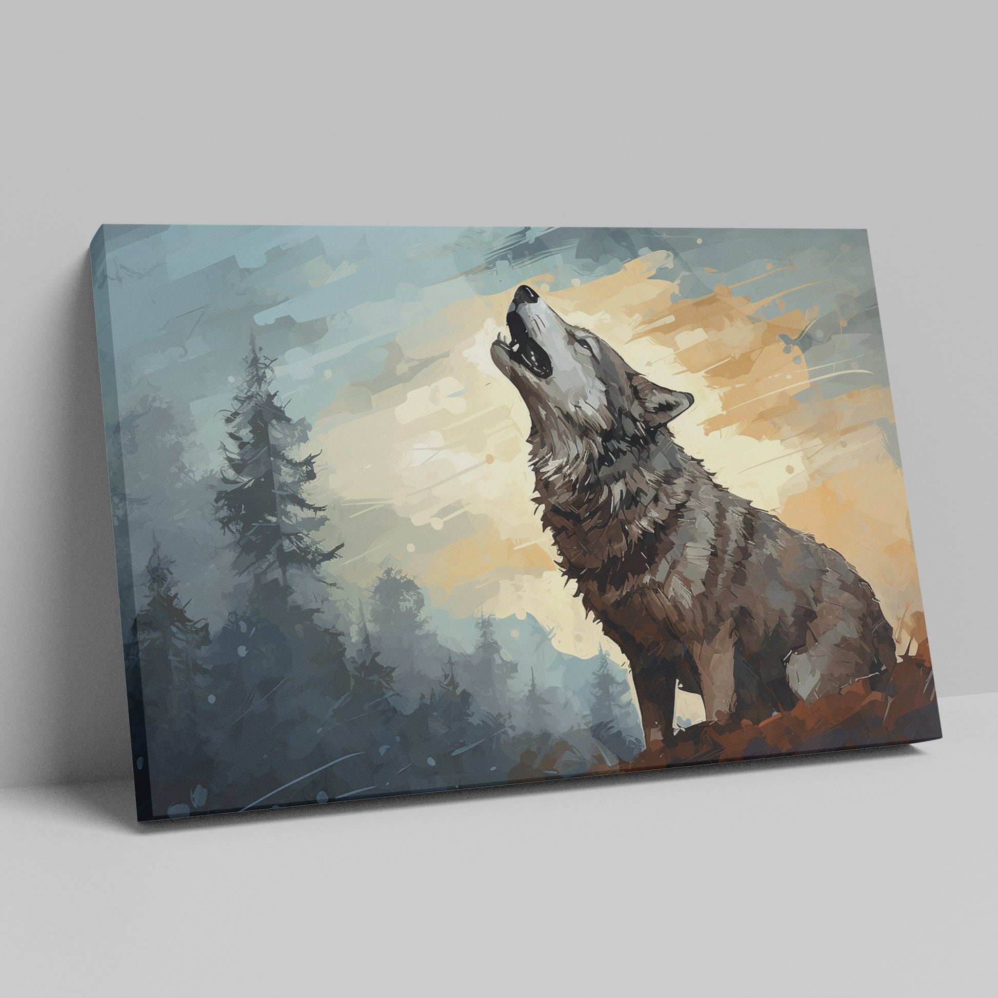 Framed canvas print of a howling wolf in a forest at dusk with vibrant earthy tones