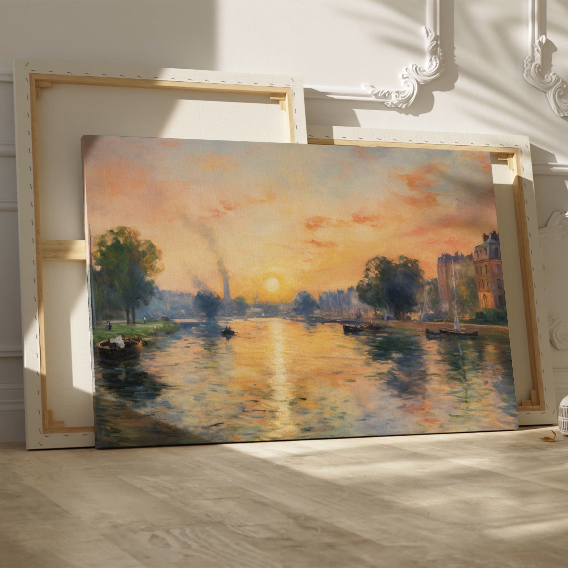 Framed canvas print of an Impressionist-style river scene with a sunset, reflective water and boats