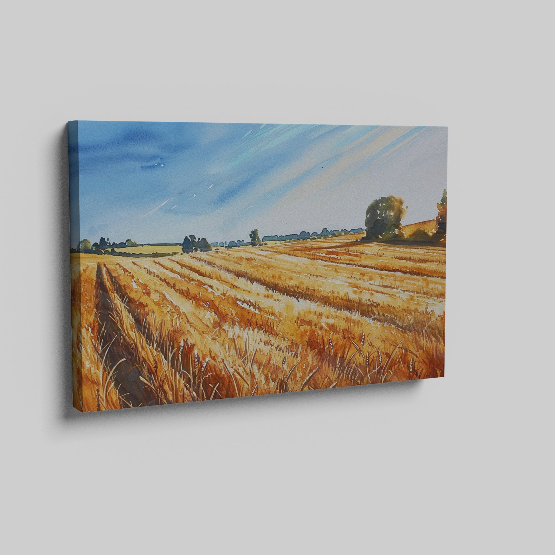 Framed canvas print of golden wheat fields under a blue sky in a rural landscape