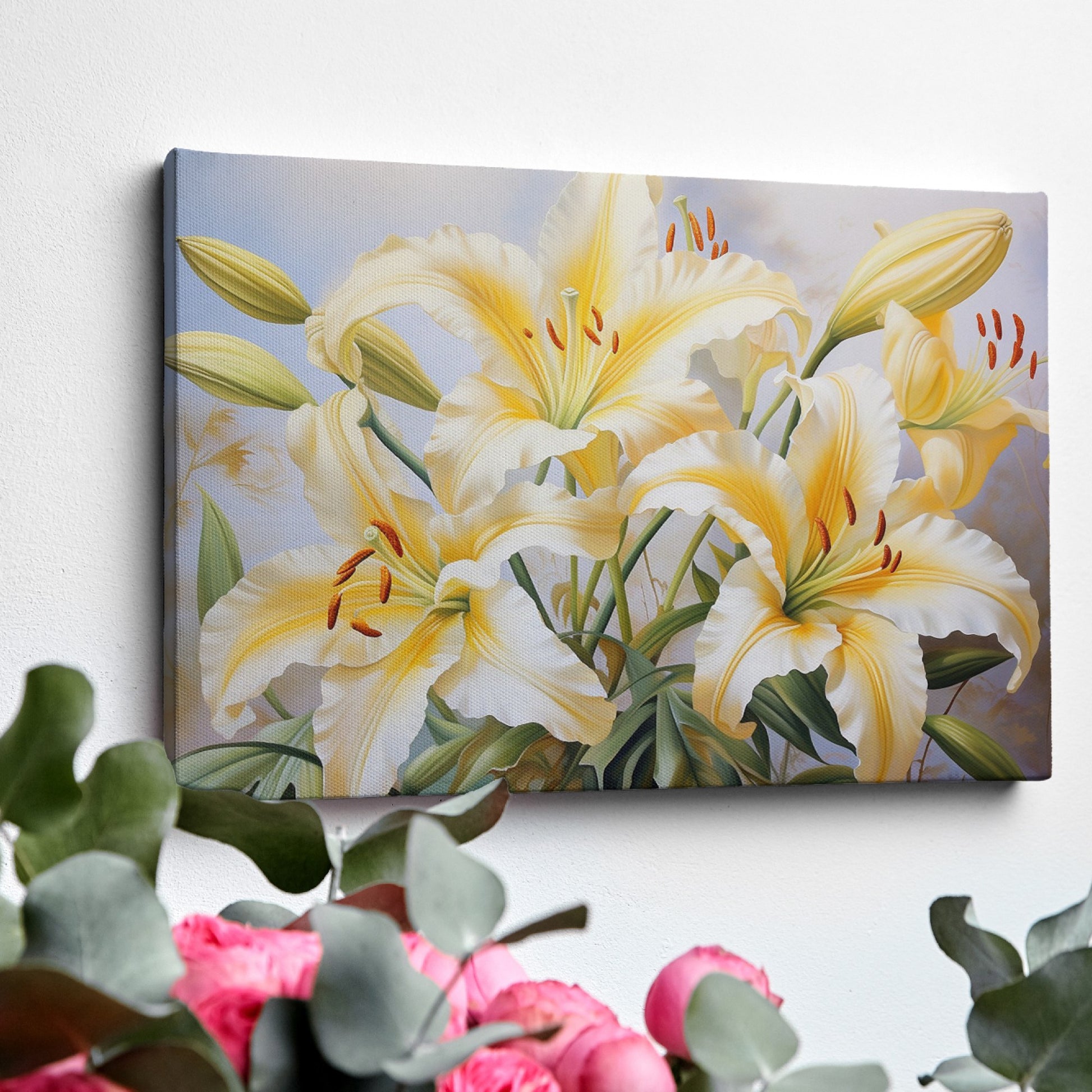 Framed canvas print of realistic sunlit yellow daylilies with lush green leaves