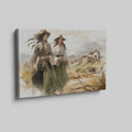 Impressionistic painting of two women in traditional dresses with a countryside backdrop.