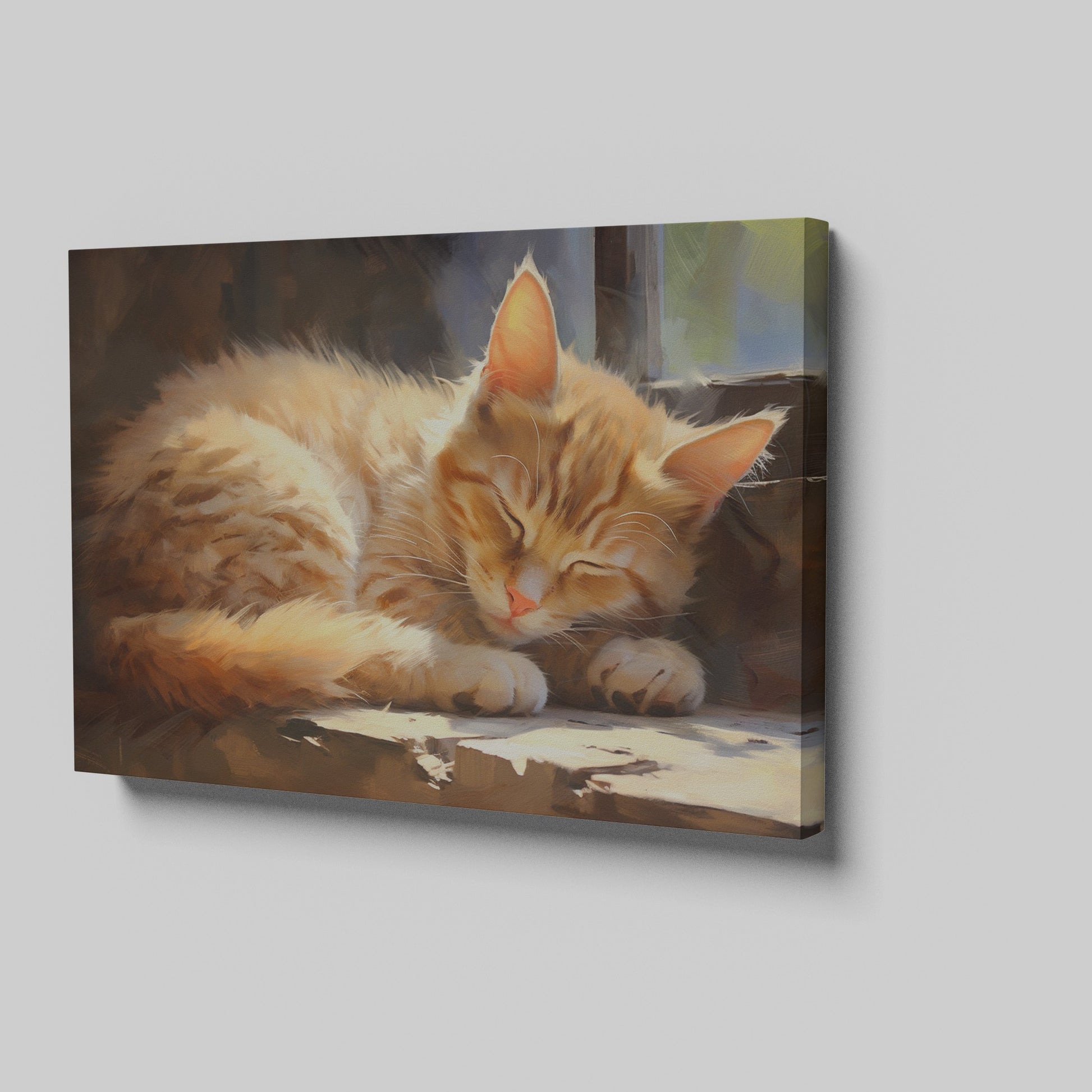 Framed canvas print of a realistic sleeping tabby cat in warm, sunlit tones