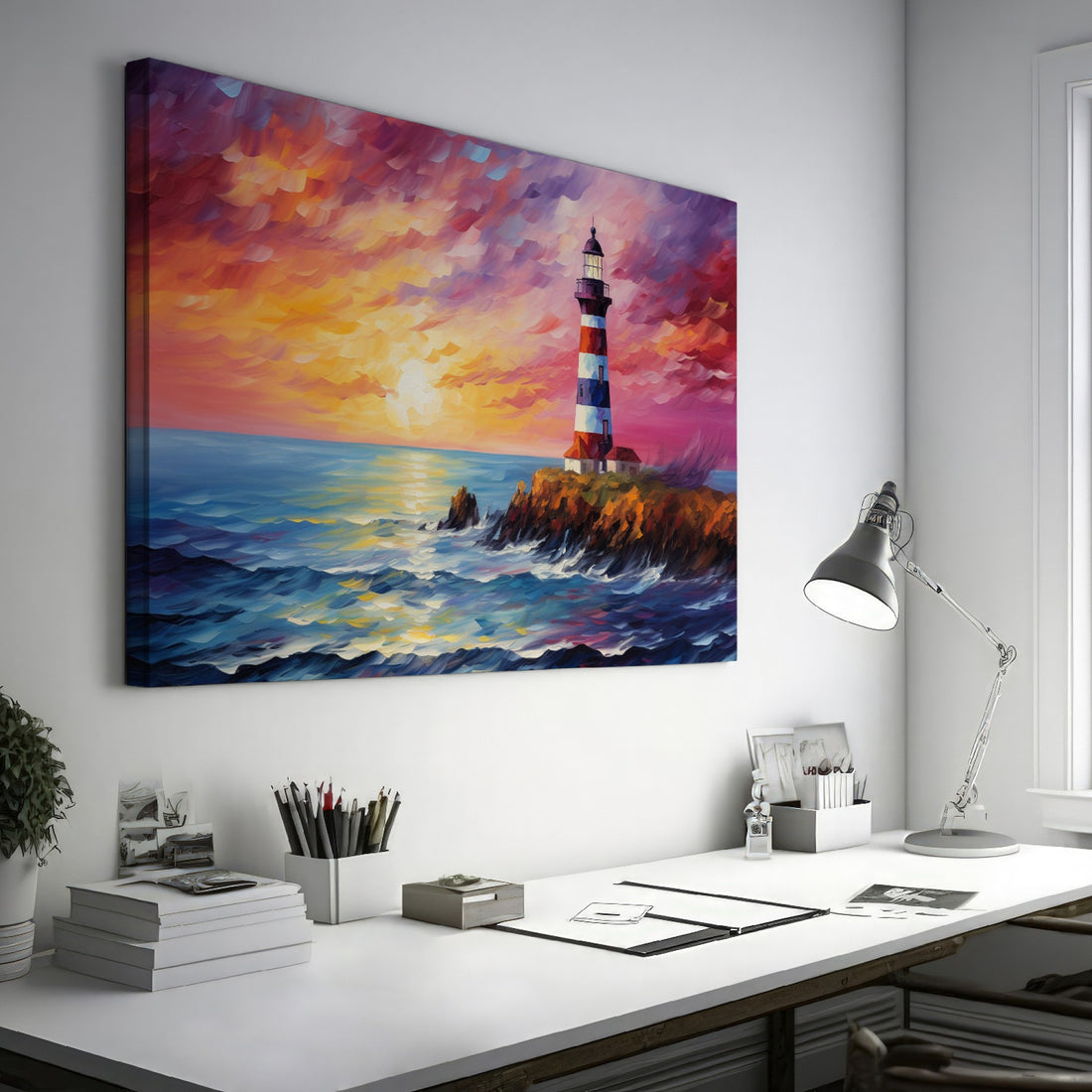 Impressionist painting of a lighthouse with red and white stripes at sunset, with colourful sky and sea