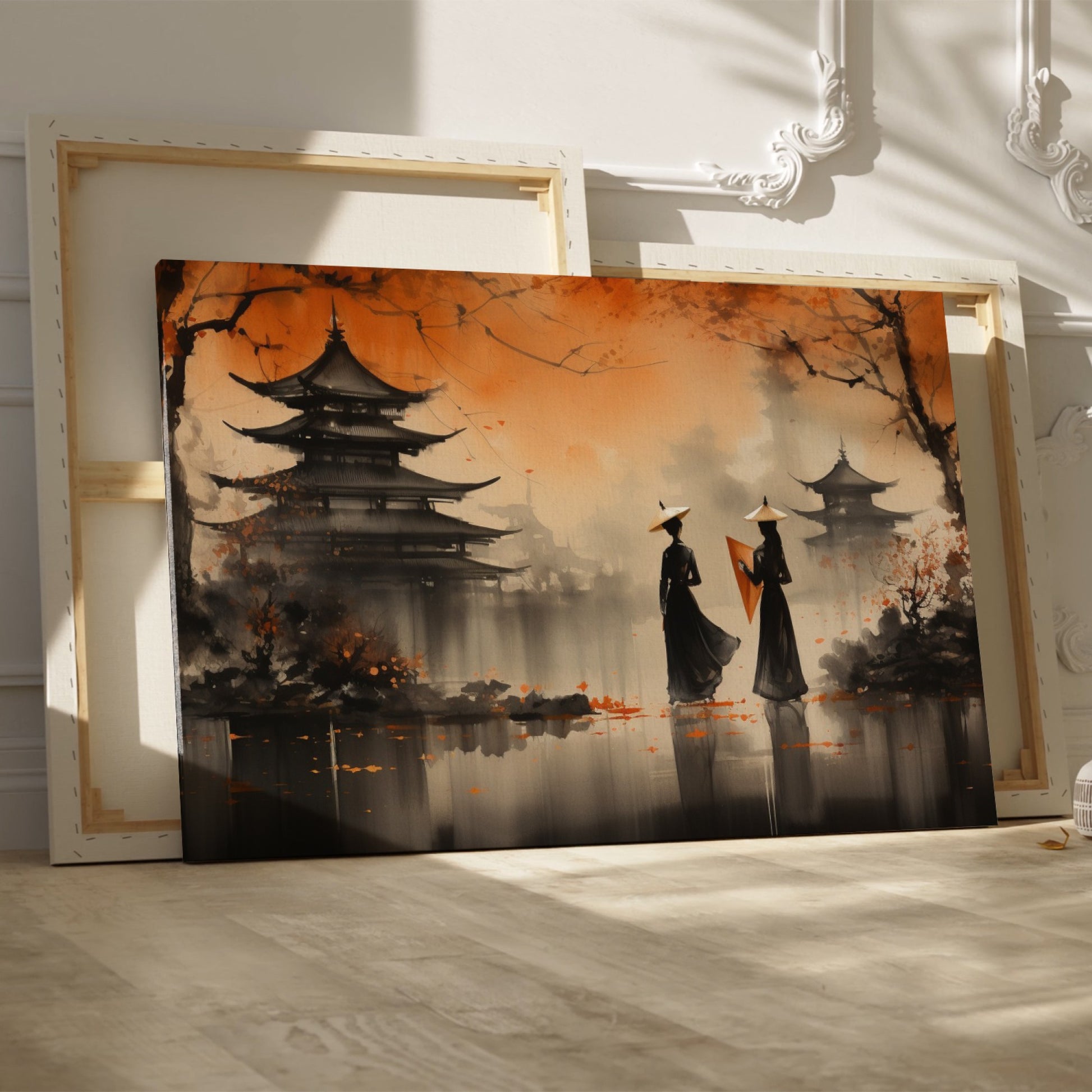 Framed canvas print of Oriental landscape with autumn pagodas and figures in traditional attire