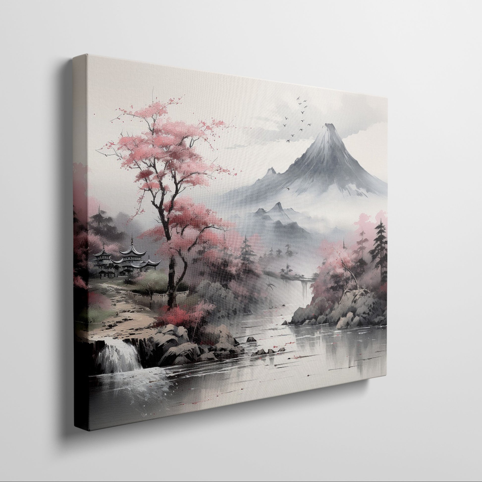 Framed canvas print of Asian landscape with cherry blossoms and misty mountain scenery