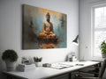 Framed canvas print of serene Buddha statue with abstract warm hues and reflective water