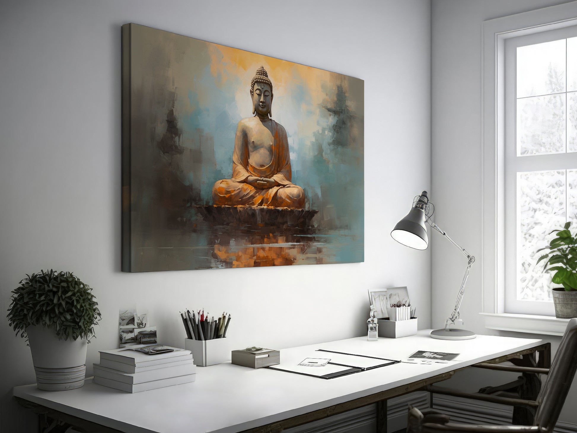 Framed canvas print of serene Buddha statue with abstract warm hues and reflective water