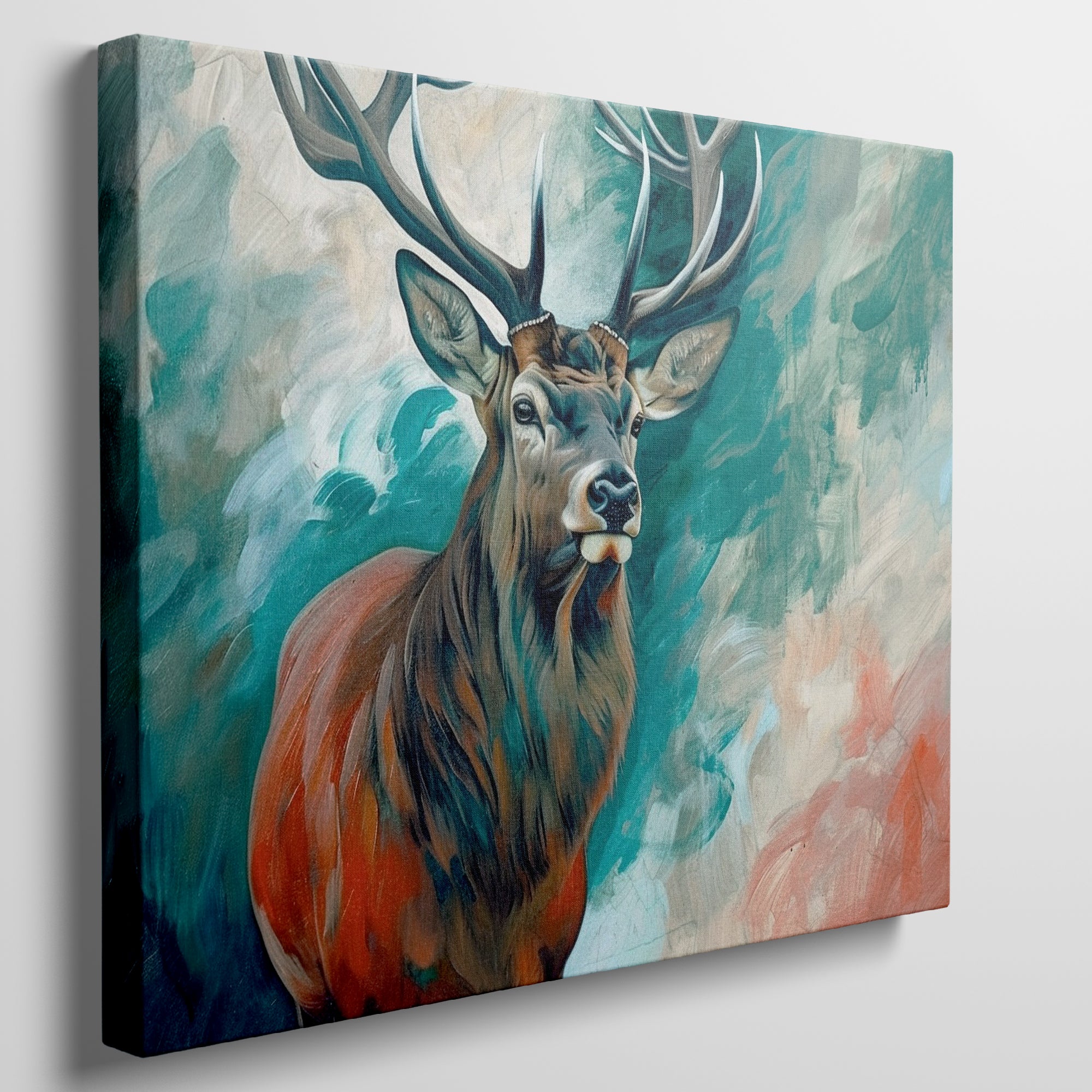 Framed canvas print of a majestic stag with vibrant turquoise and earthy orange tones