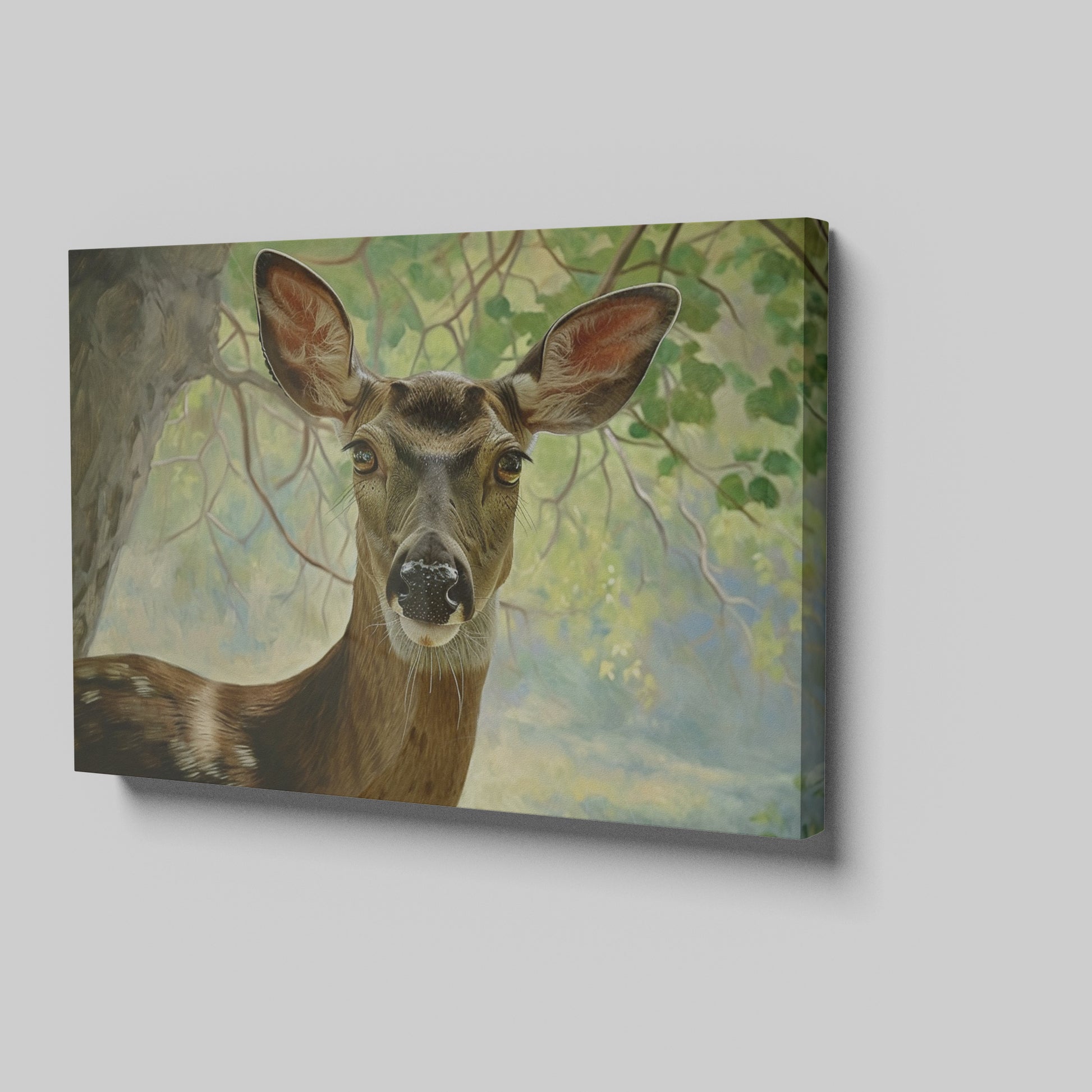 Framed canvas print of a detailed and serene deer portrait with a woodland backdrop in natural tones