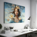 Framed canvas print of an ethereal woman with waterlilies and a dreamy blue palette