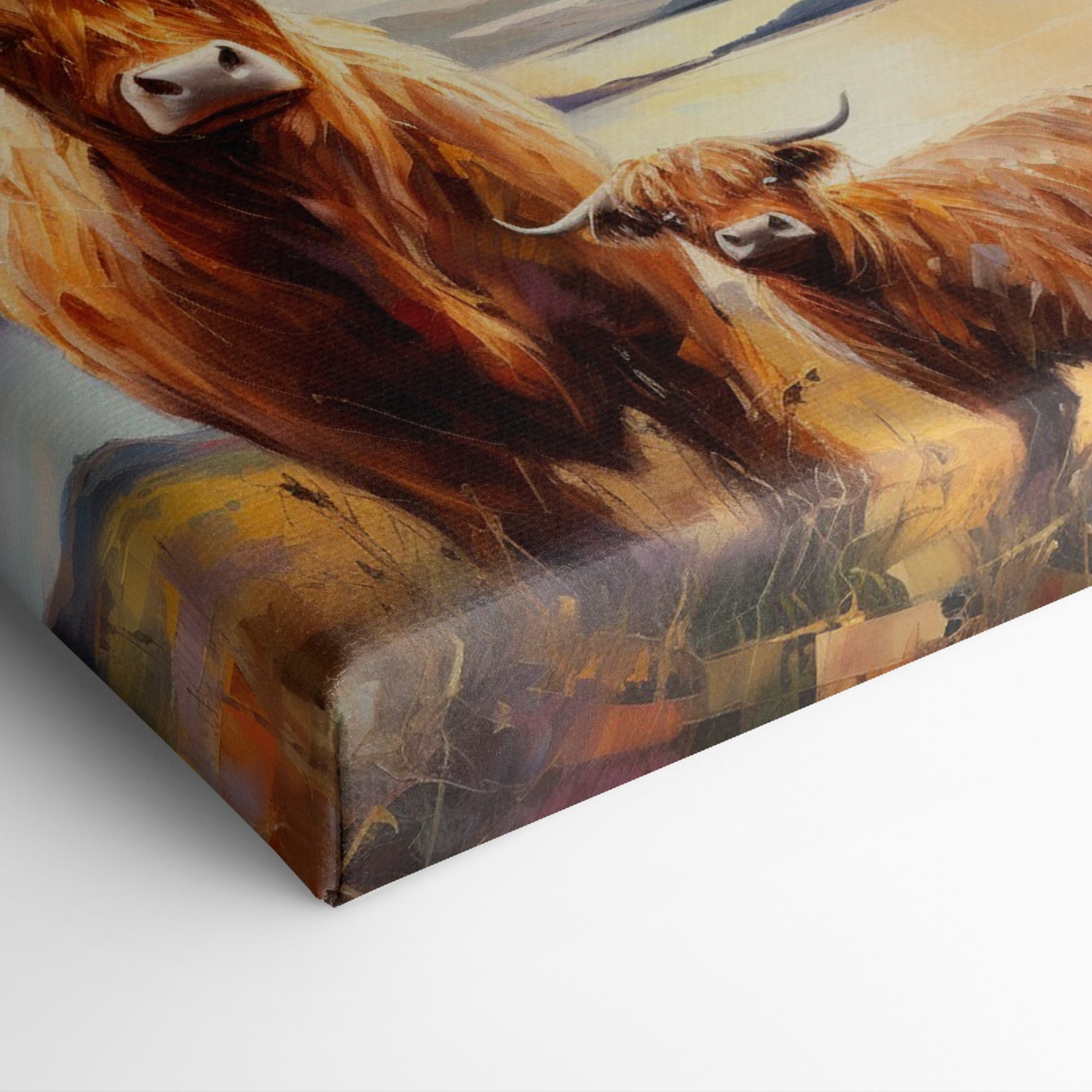 Framed canvas print of Highland cattle in a scenic landscape at sunset with warm hues