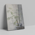 Realistic canvas art of green bamboo leaves and ceramic pots against grey background