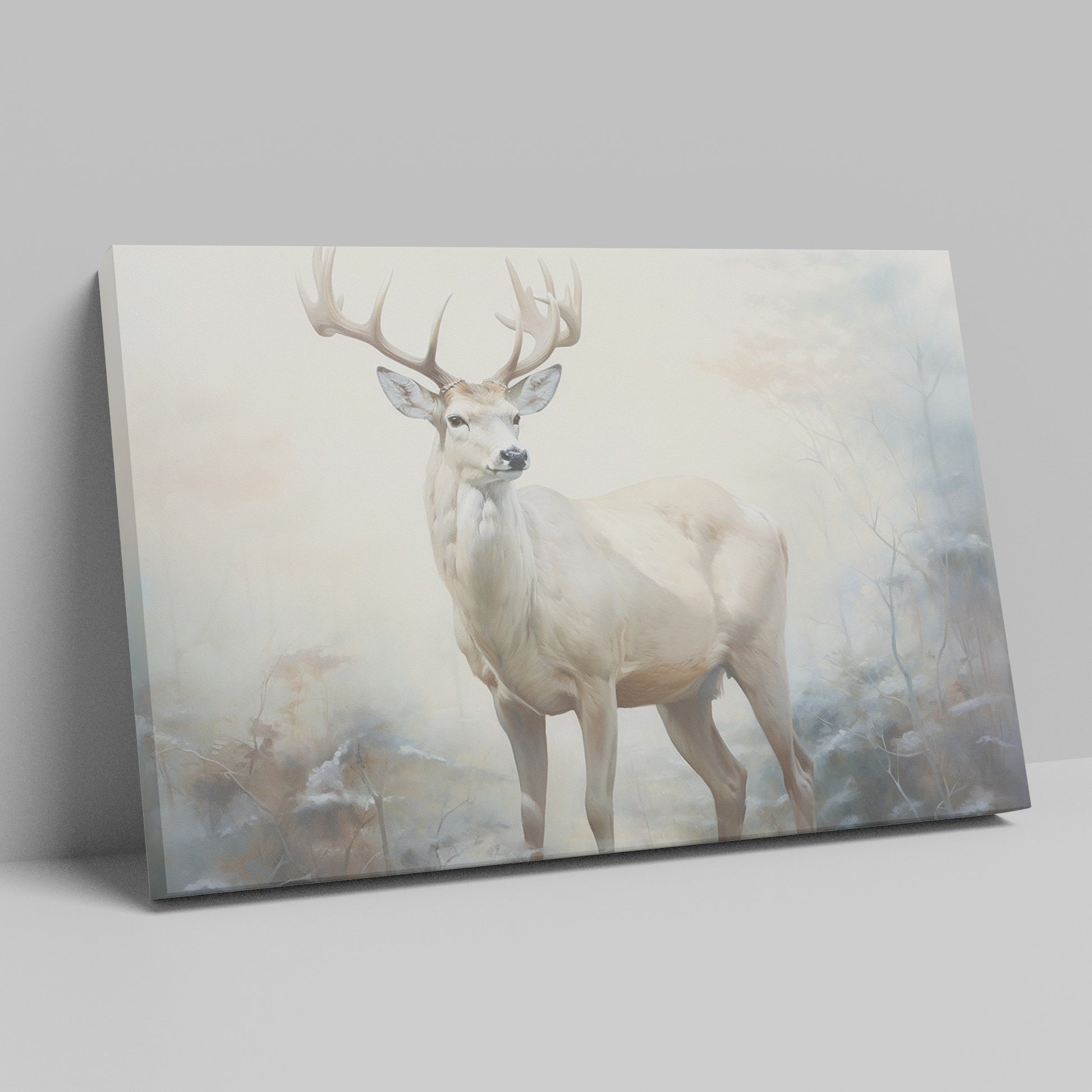 Framed canvas print of a majestic stag in a foggy autumn forest with neutral and warm tones