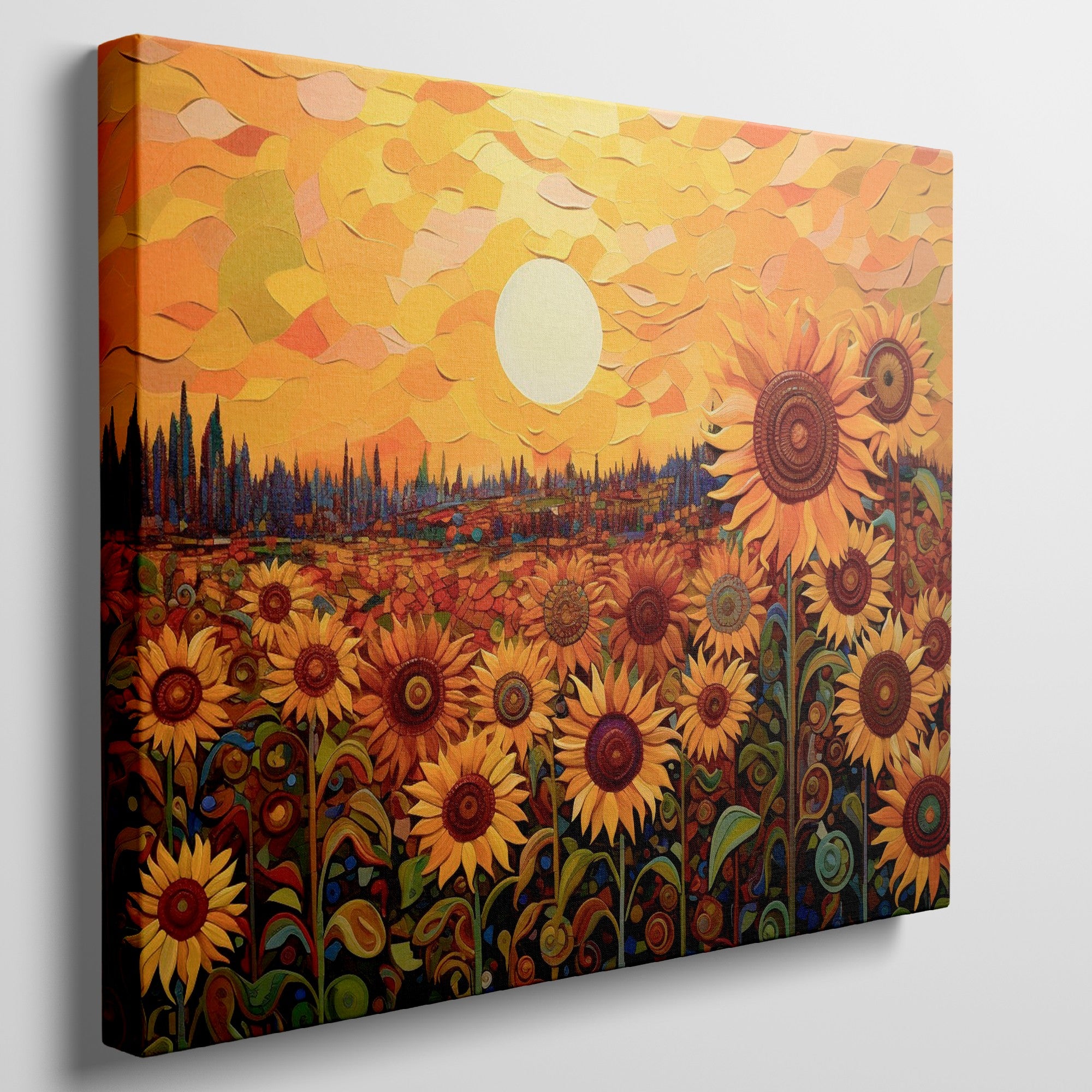 Framed canvas print of sunflowers beneath a golden sunset in an illustrative style