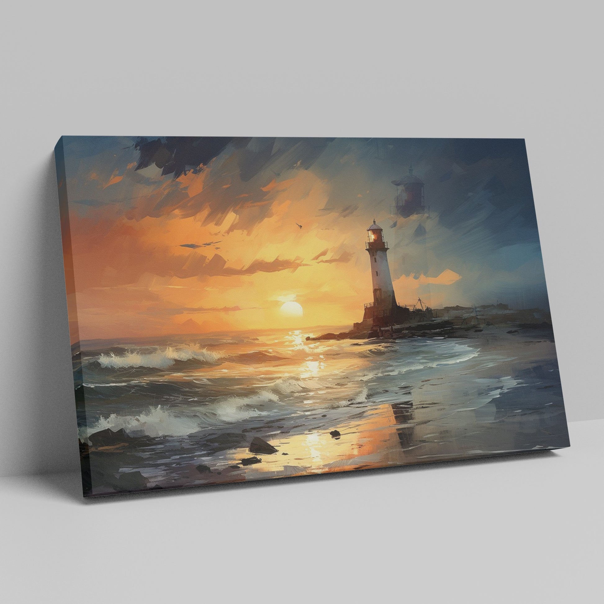 Framed canvas print of an impressionistic lighthouse seascape with vibrant sunset hues